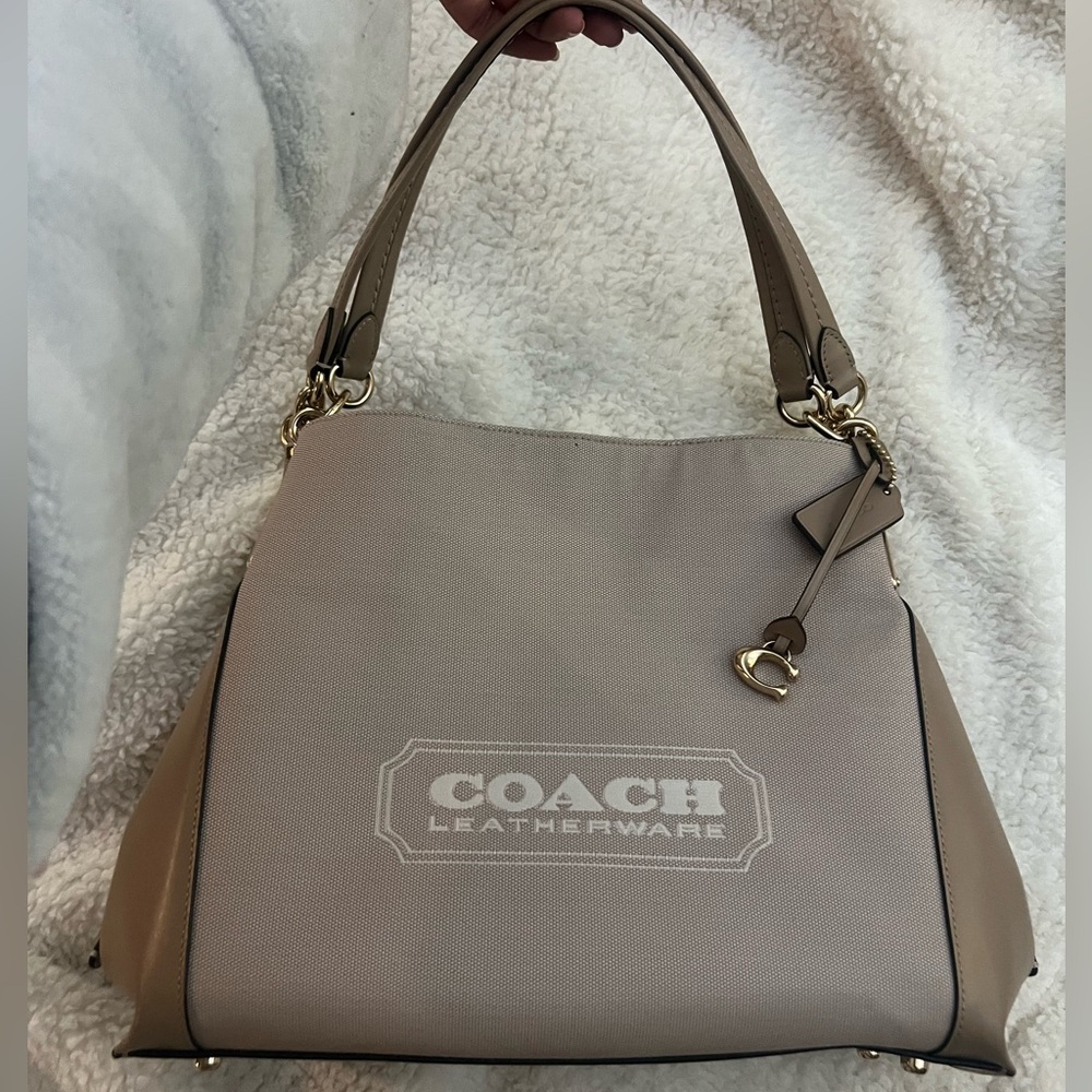 Gold Tone Neutral Tan Canvas and Leather Coach Shoulder Bag
